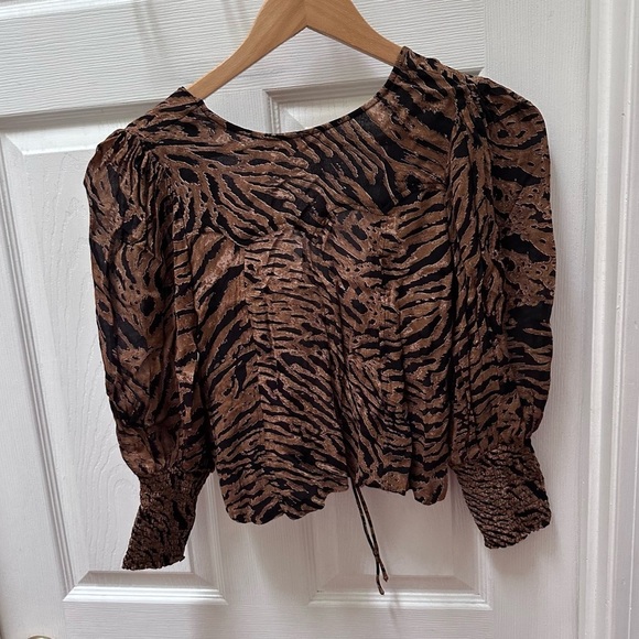 Ganni brown black long sleeve tie back crop top zebra leopard animal 36 - Picture 1 of 14